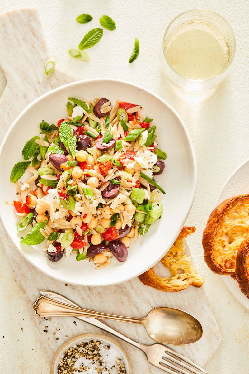 Mediterranean orzo salad with calamata olives, chickpea,s and more