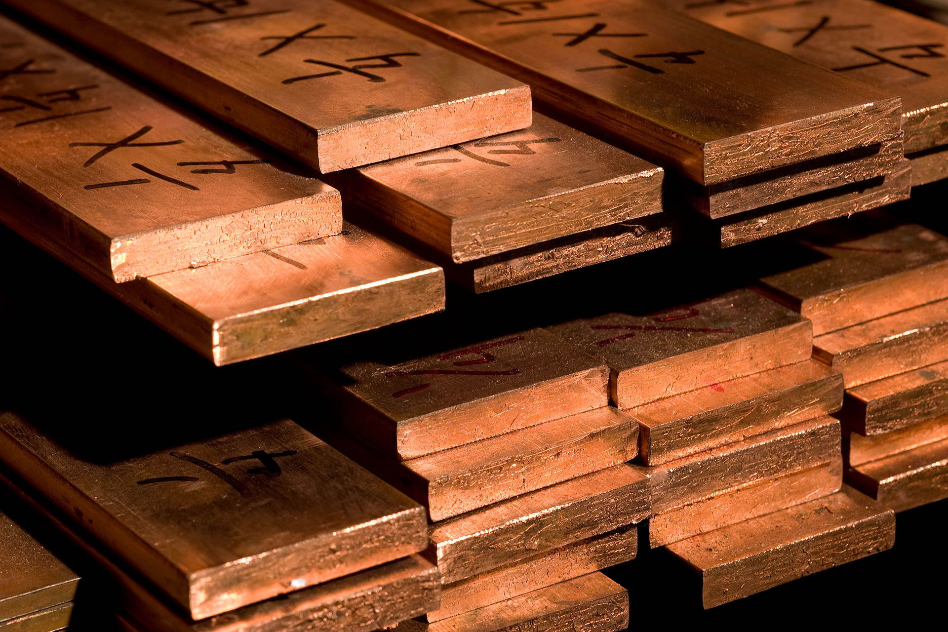 Copper Rectangular Bars stacked.