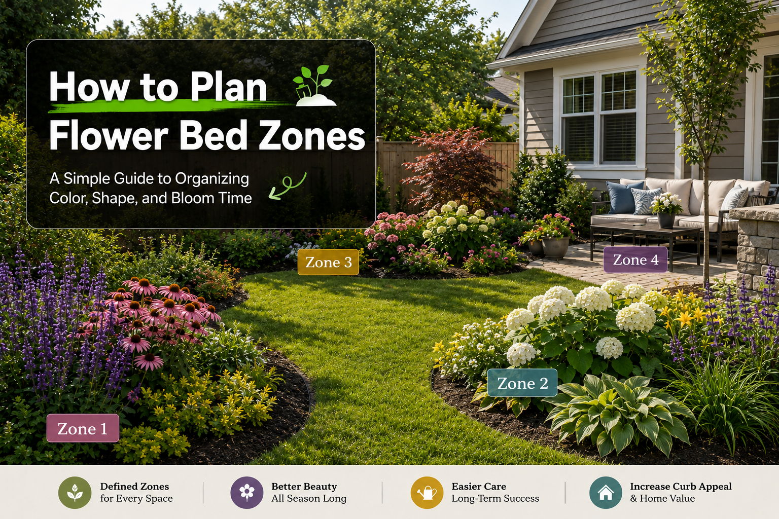 How to plan flower bed zones with color and shape guidance.