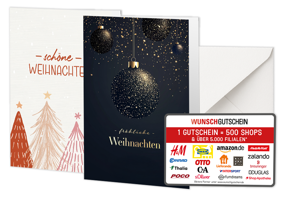 Two Christmas cards with a gift voucher displayed below.