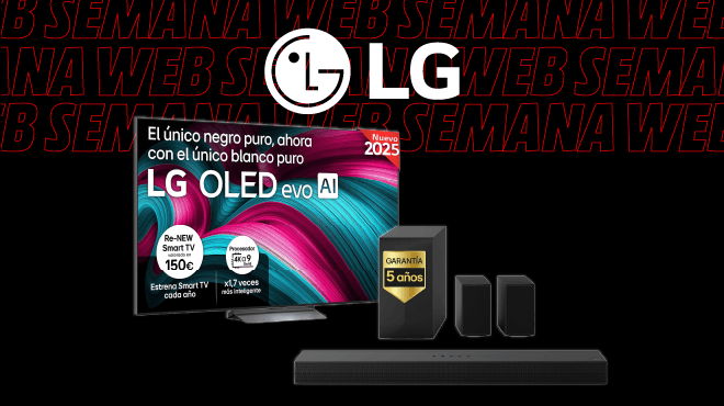 Banner de LG con televisión sobre fondo negro con “Semana Web” en rojo, enfocado en limpieza inteligente.