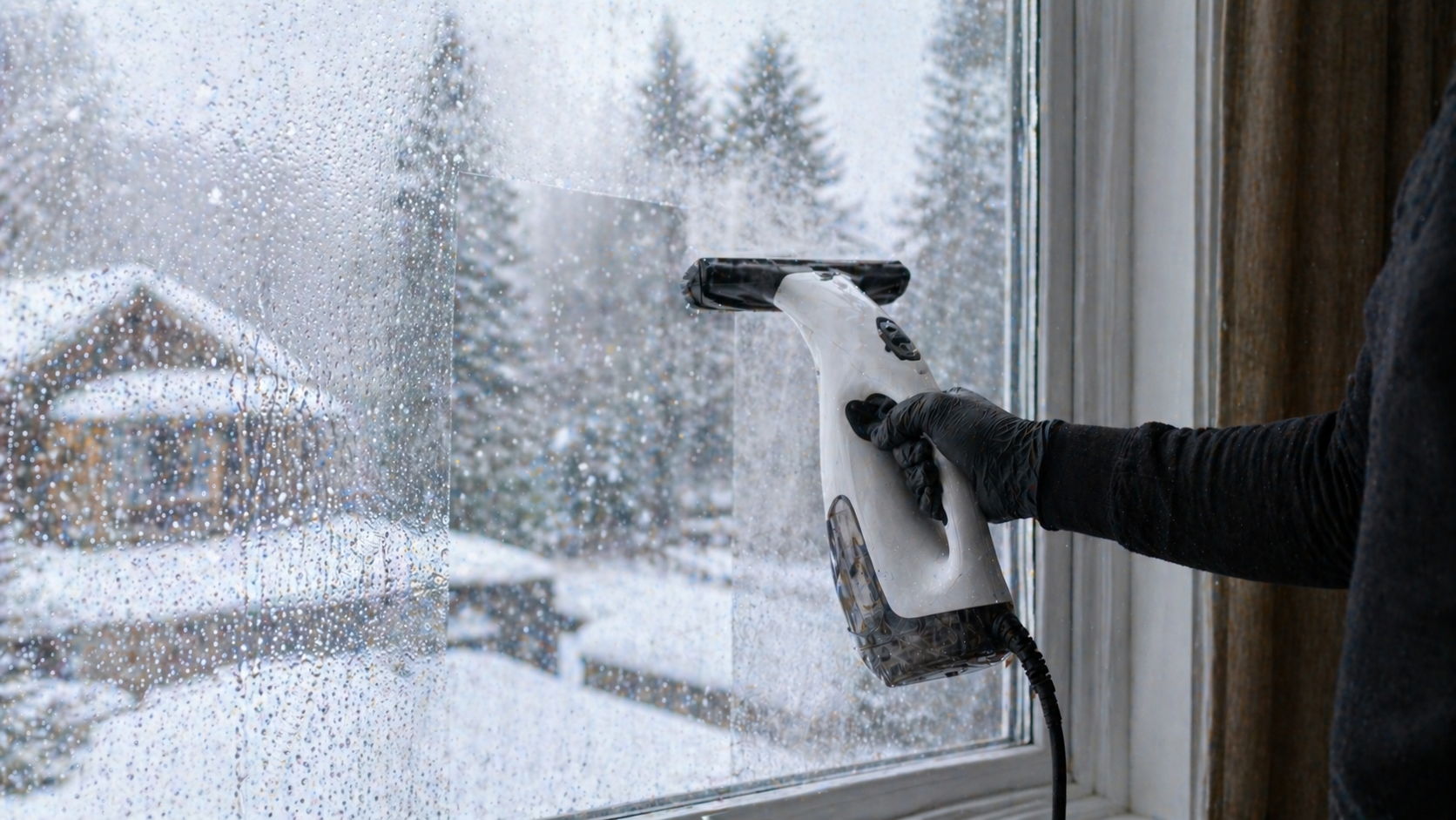 Person cleaning a snowy window with a squeegee.