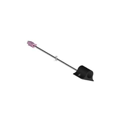 A black and pink gardening tool with a long handle.