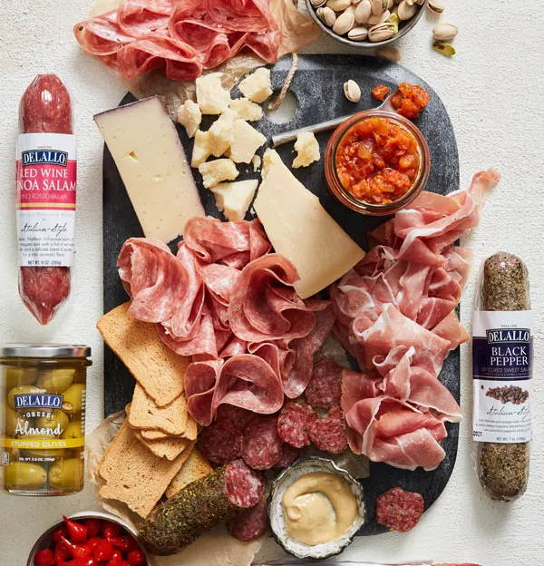 Assorted charcuterie board items