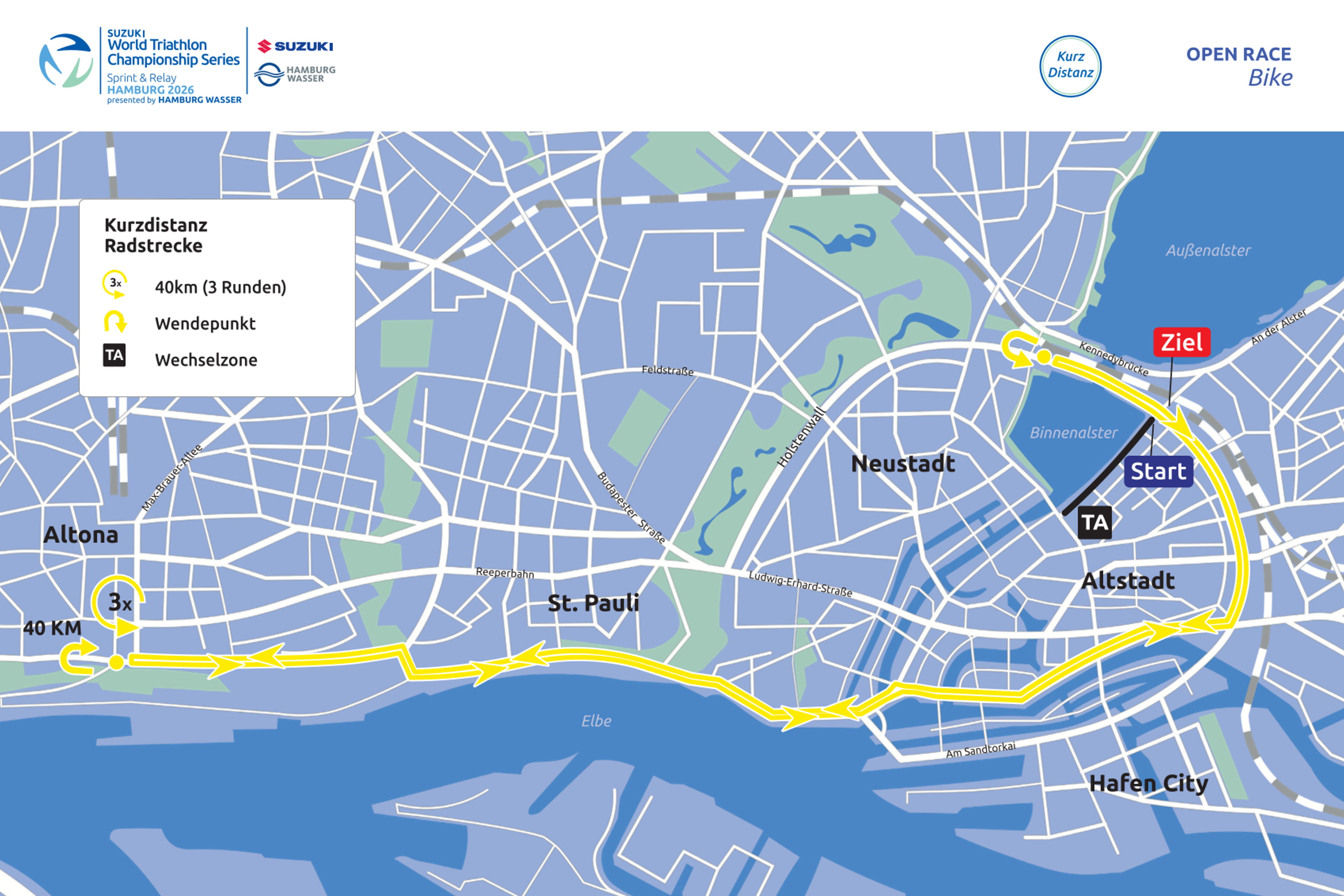 Radstrecke Kurzdistanz World Triathlon Championships Series Hamburg 2026.