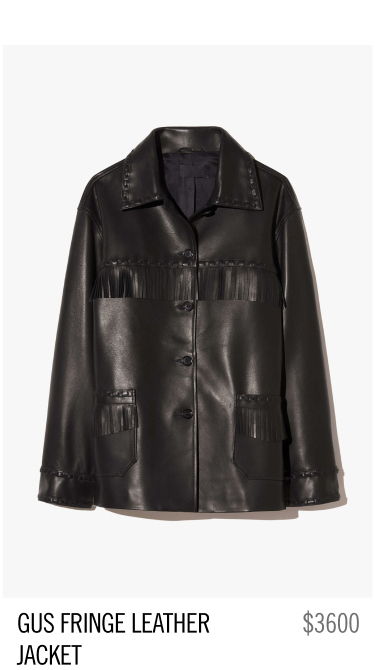Black leather jacket with fringe details, priced at $3600.
