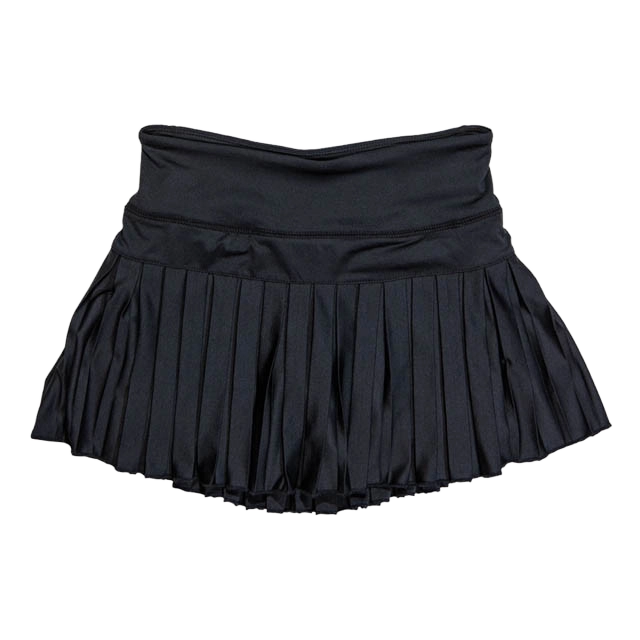 Black pleated skirt with a wide waistband.