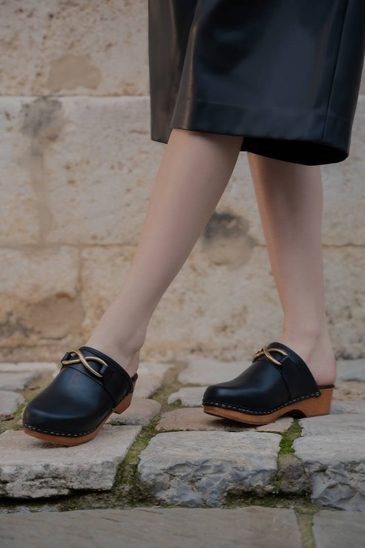 The Miriam Black Leather Clog with Infinity Hardware