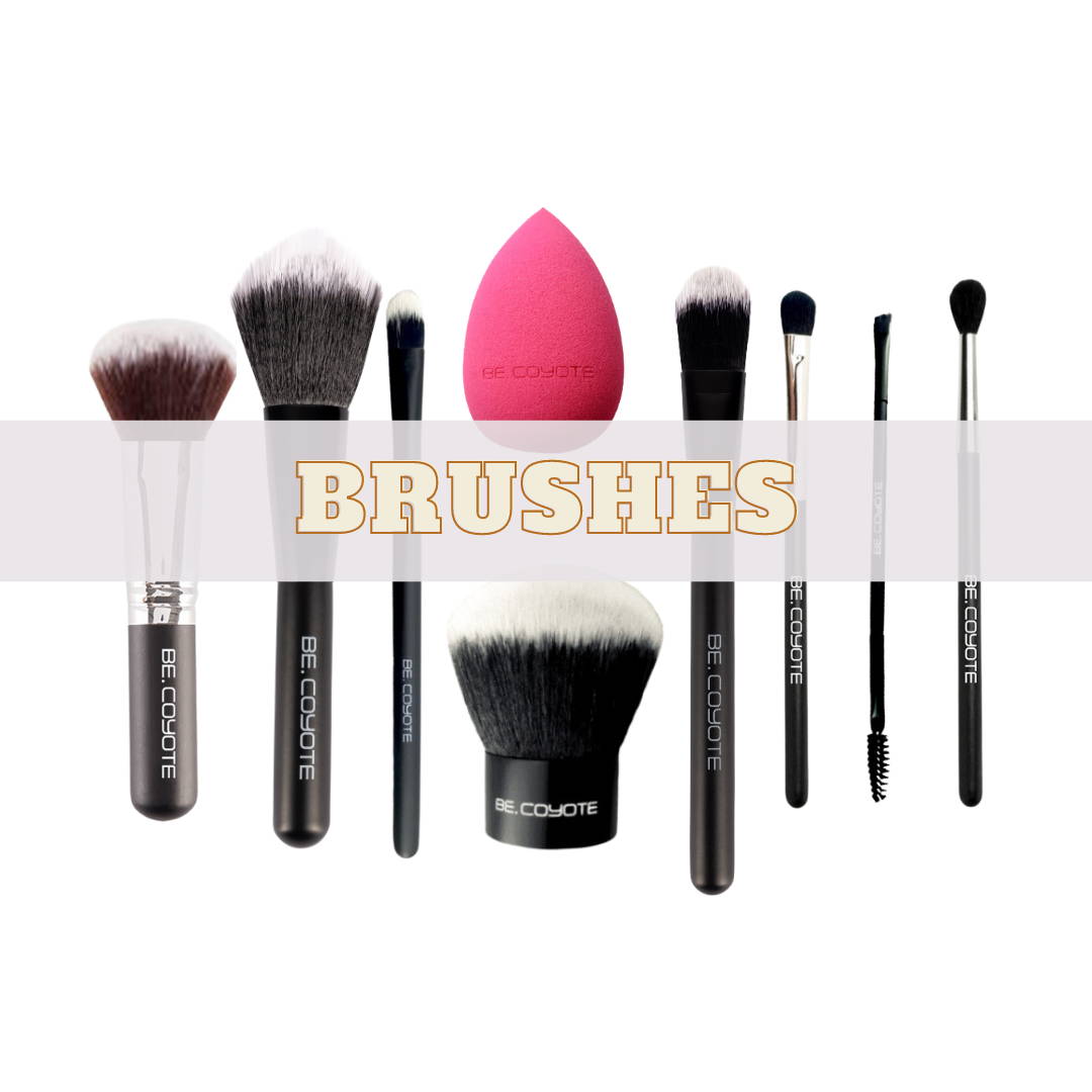 Brushes. Image of makeup brushes. Buffer Brush, Powder Brush, Concealer Brush, Kabuki Brush, Beauty Sponge, Liquid Foundation Brush, Eyeshadow Brush, Eyeshadow Blending Brush