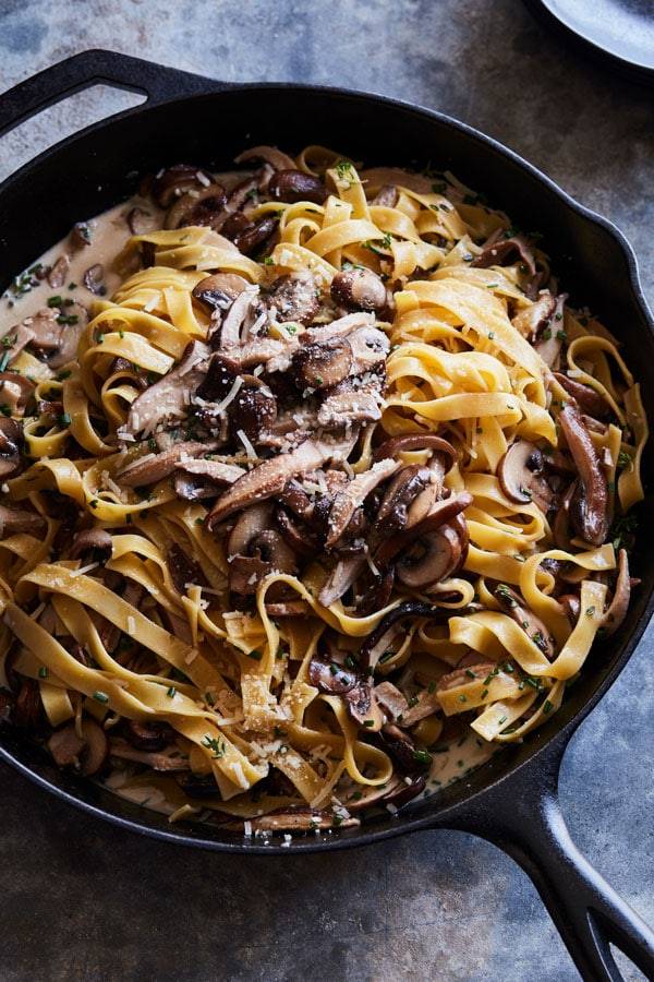Fettuccine pasta in a hearty mushroom sauce