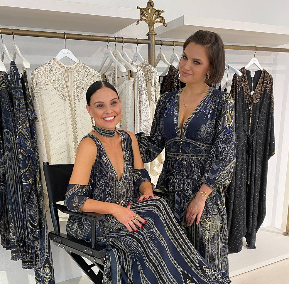 CAMILLA In-house Stylists in Great Scott collection; blue, gold and embellished printed dresses.