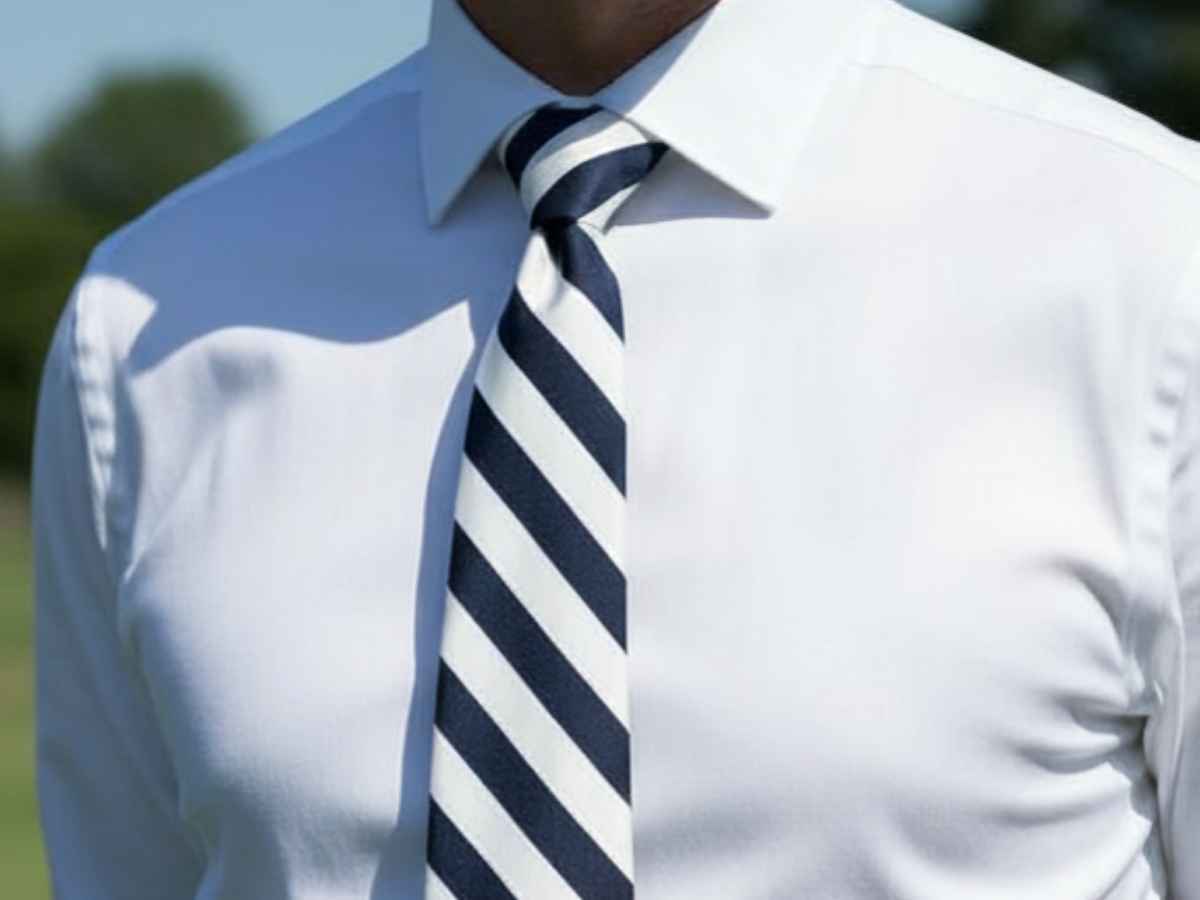 Man wearing a navy and white striped tie with a white dress shirt
