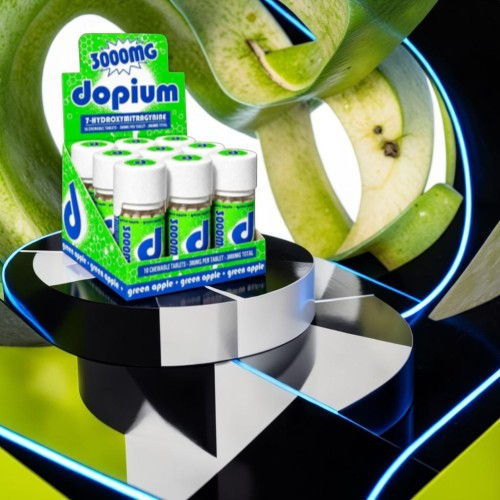 Packaging of a product called Dopium on a reflective surface.