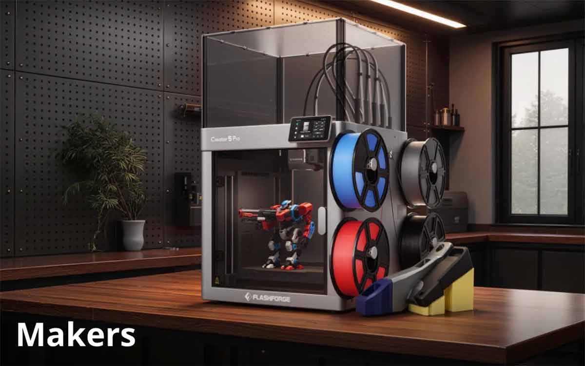 3D printer with colorful spools in a modern workspace.