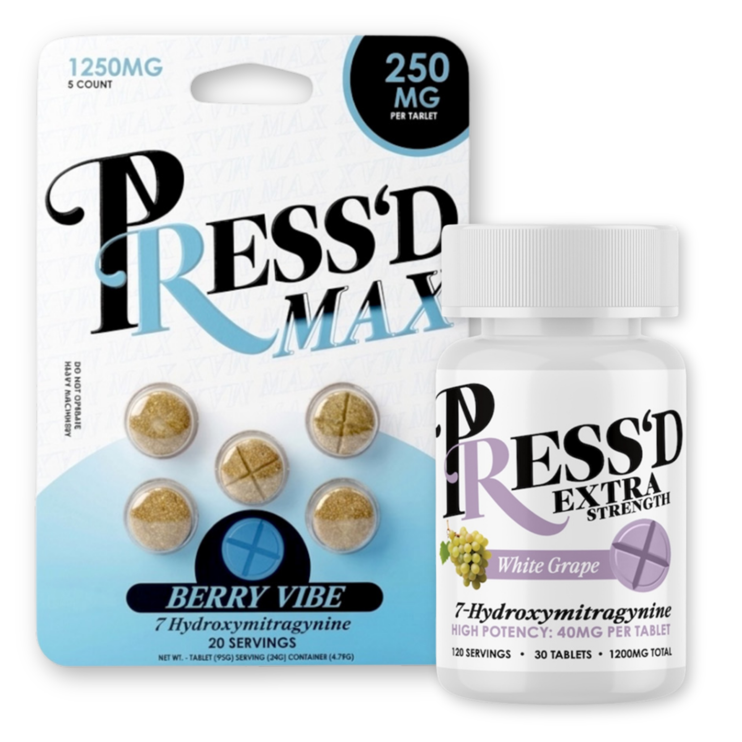 Packaging of Press'd Max and Press'd Extra supplements.