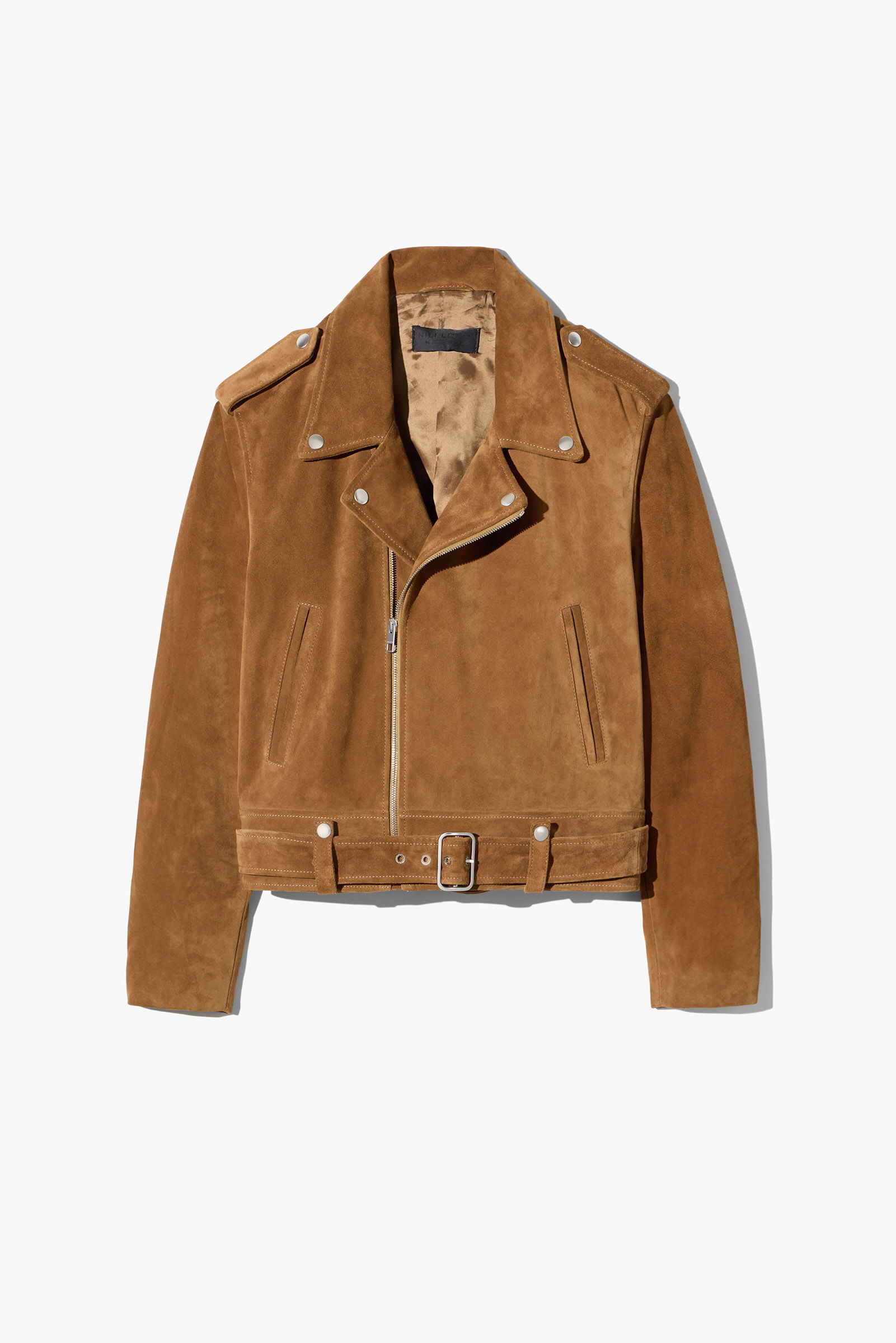 Brown suede motorcycle jacket with zip and belt detail.