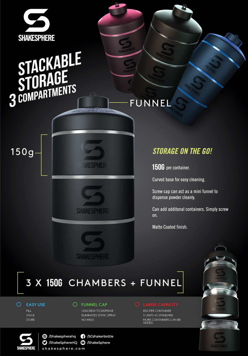 Stackable storage container with three compartments and funnel, promoting on-the-go convenience.