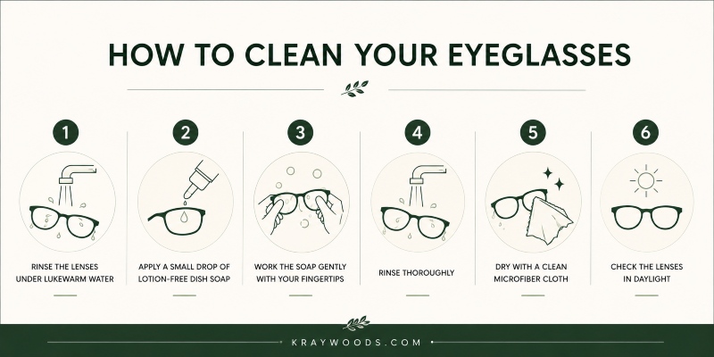 infographic showing how to clean your eyeglasses in 6 easy steps