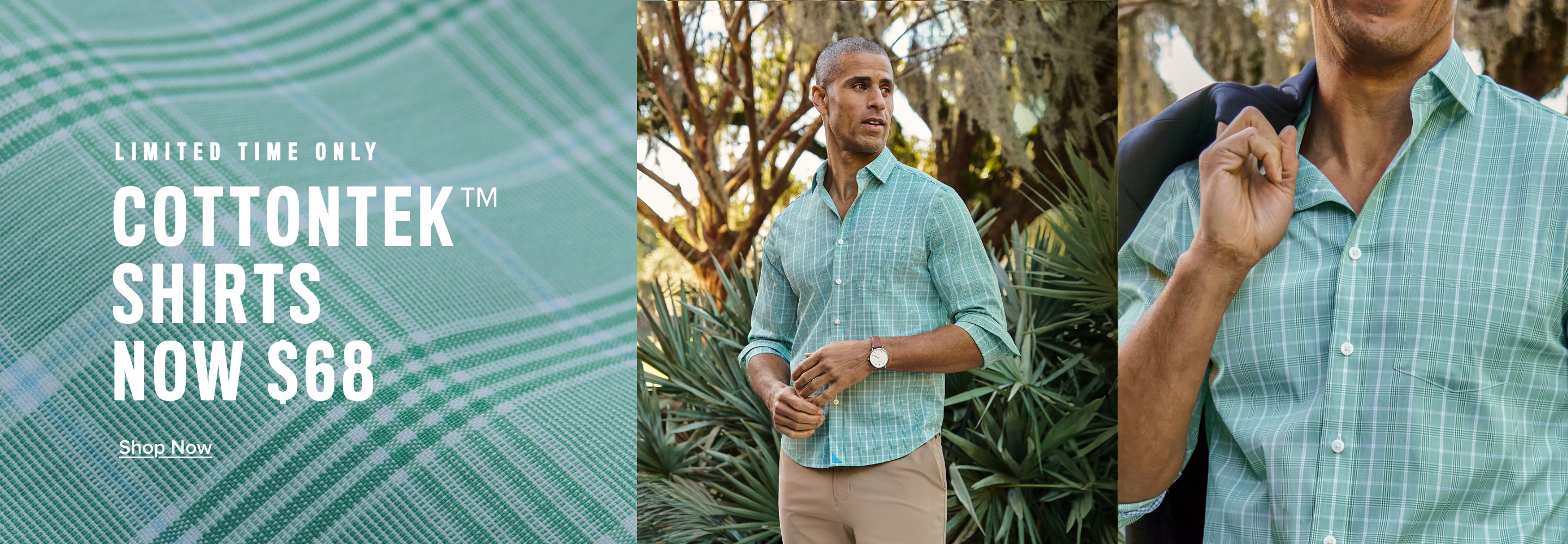 Man wearing a blue checkered shirt, promoting CottonTek shirts, priced at $68.