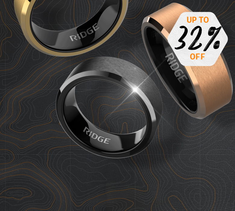 Three rings with a discount label, featuring different colors and designs.