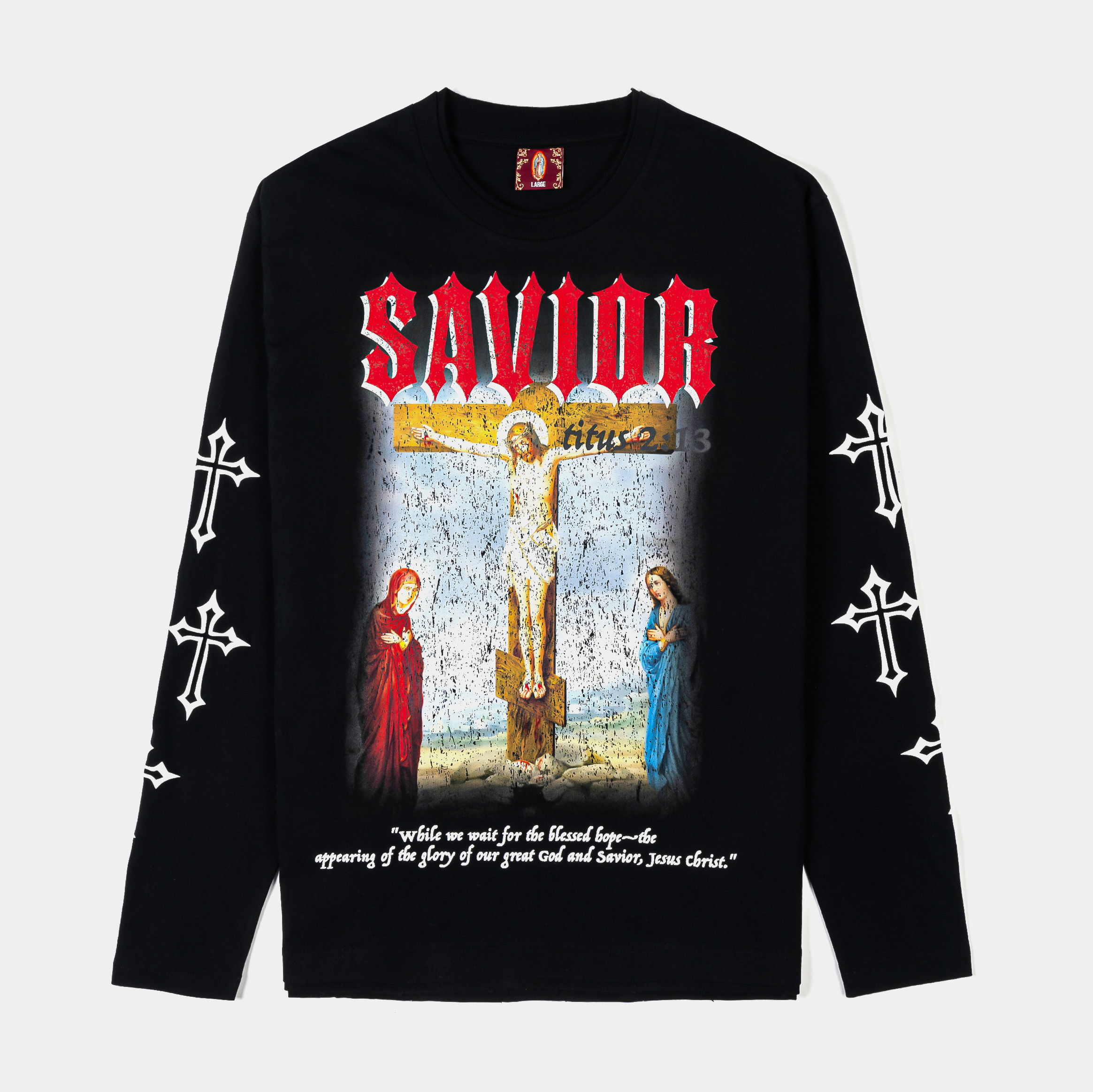 Black long-sleeve shirt featuring religious imagery and the word 