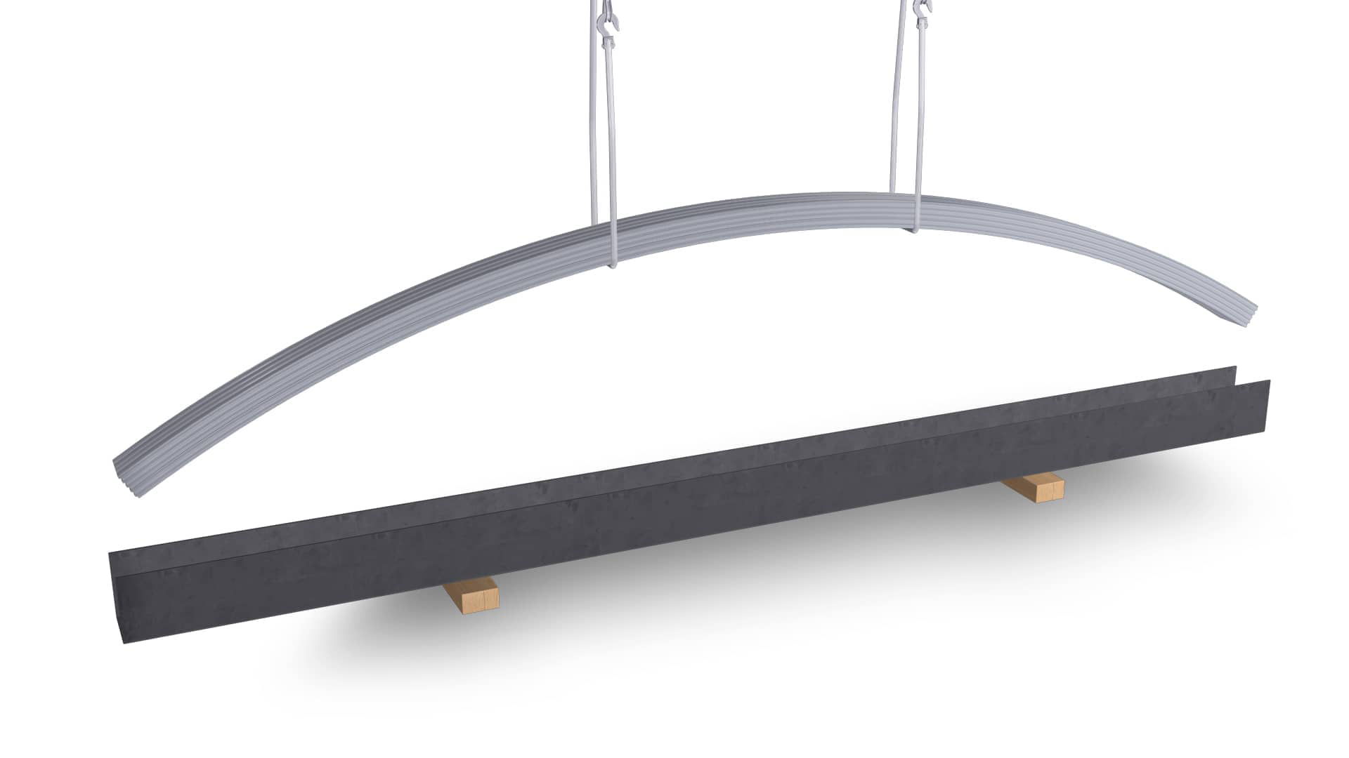 Hanging curved and straight metal beams on wooden supports.