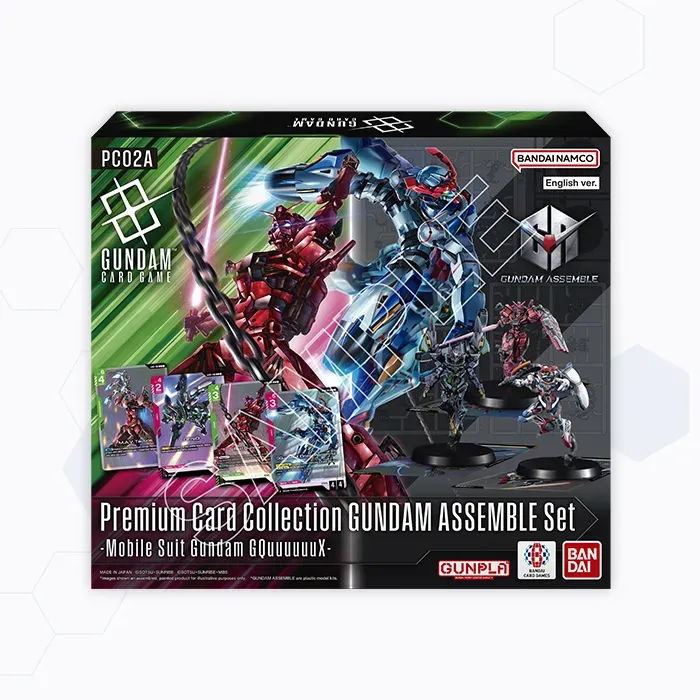 Premium Card Collection Gundam Assemble Set packaging with various Gundam models displayed.