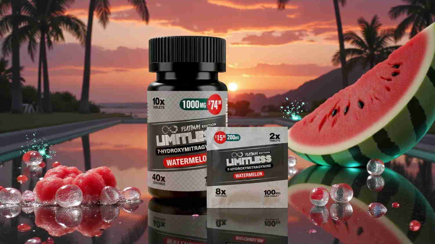 Bottle and box of supplements with watermelon and sunset background.