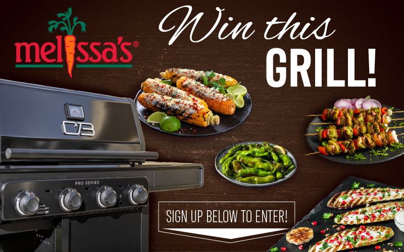 Promotional image for winning a grill with food items displayed.