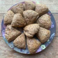 Overhead view of sourdough scones on a plate