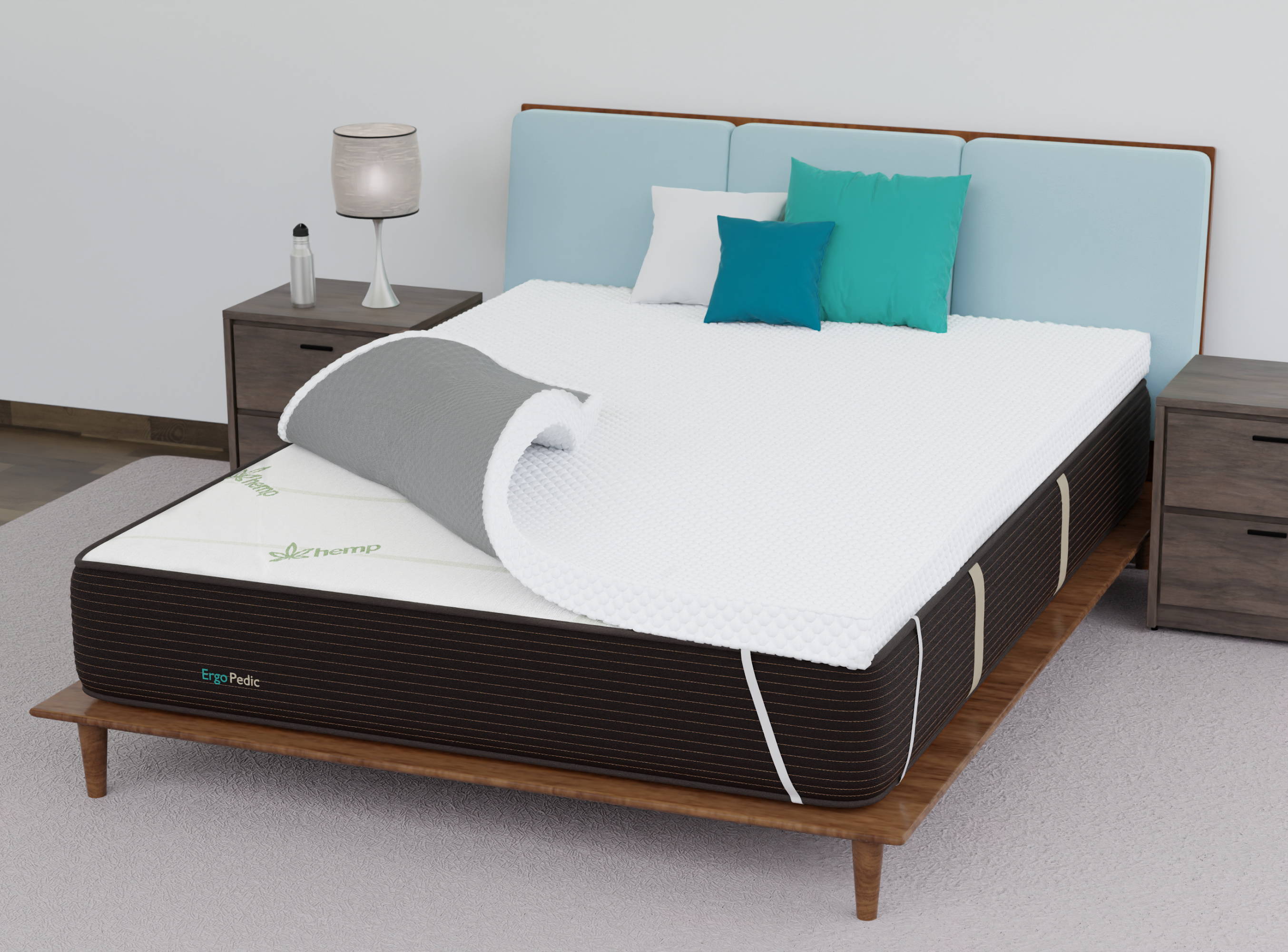 Calming CBD and cooling copper-infused ZenCloud Hybrid mattress and ZenWave topper in a bedroom on a platform bed.