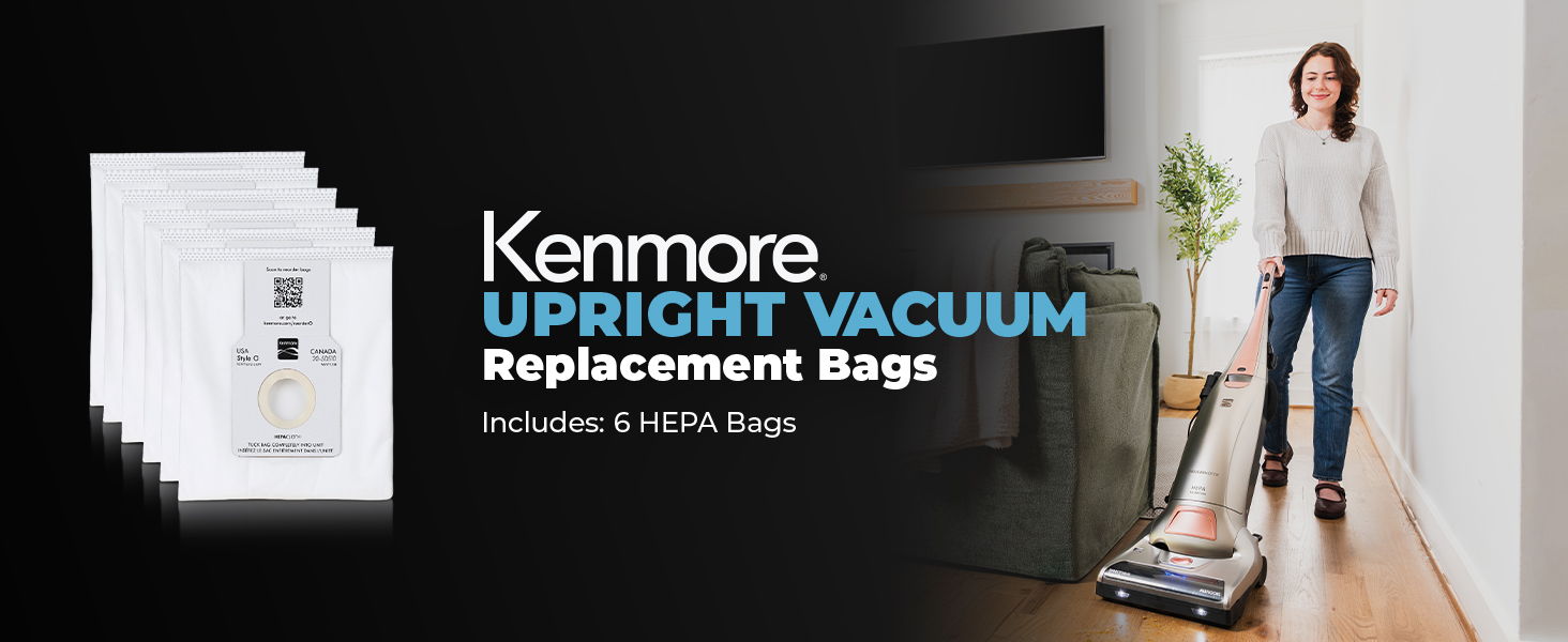 Kenmore upright vacuum replacement bags with a woman using a vacuum cleaner.