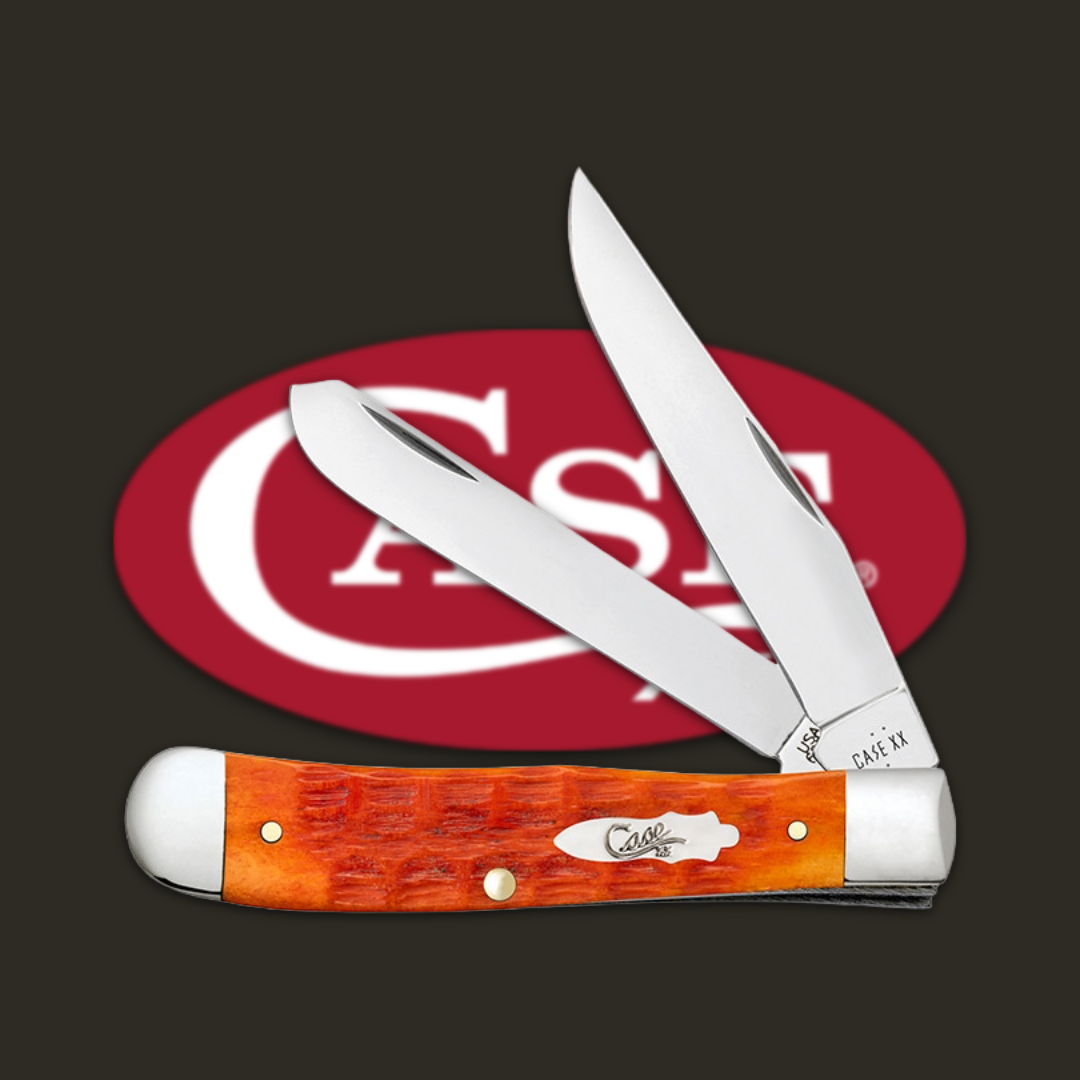 A folding pocket knife with two open blades and an orange handle.