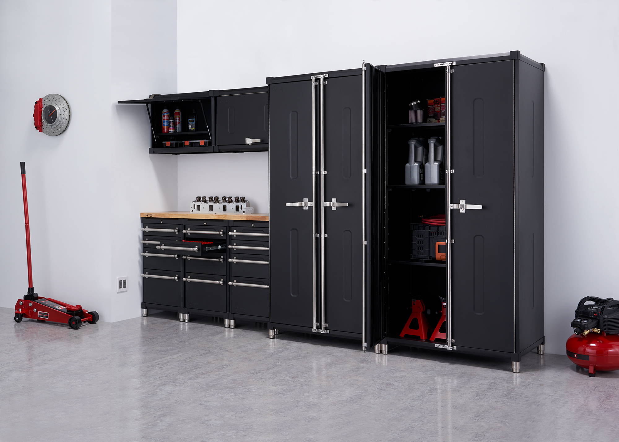 8 piece trinity pro cabinets for garage in black with wood top