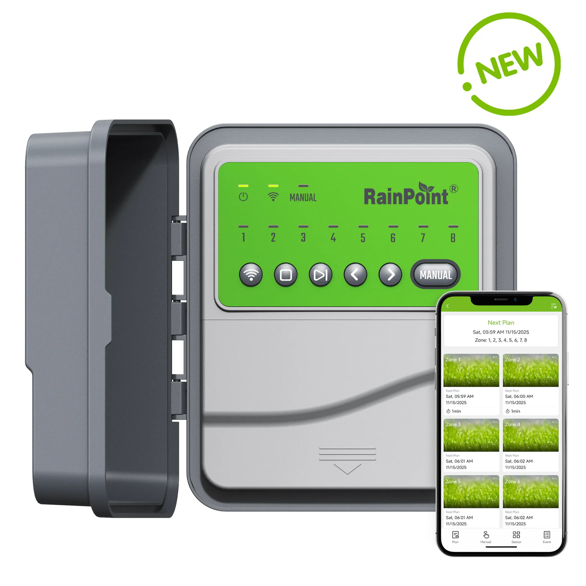 Irrigation controller with smartphone app interface, labeled 