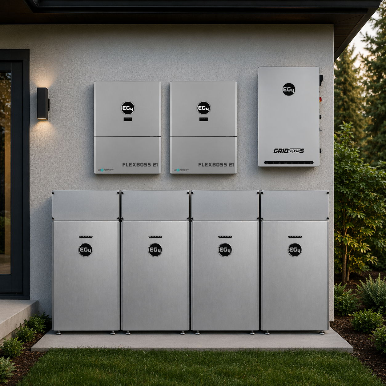 EG4 314ah batteries installed against a white home wall in a grassy area.