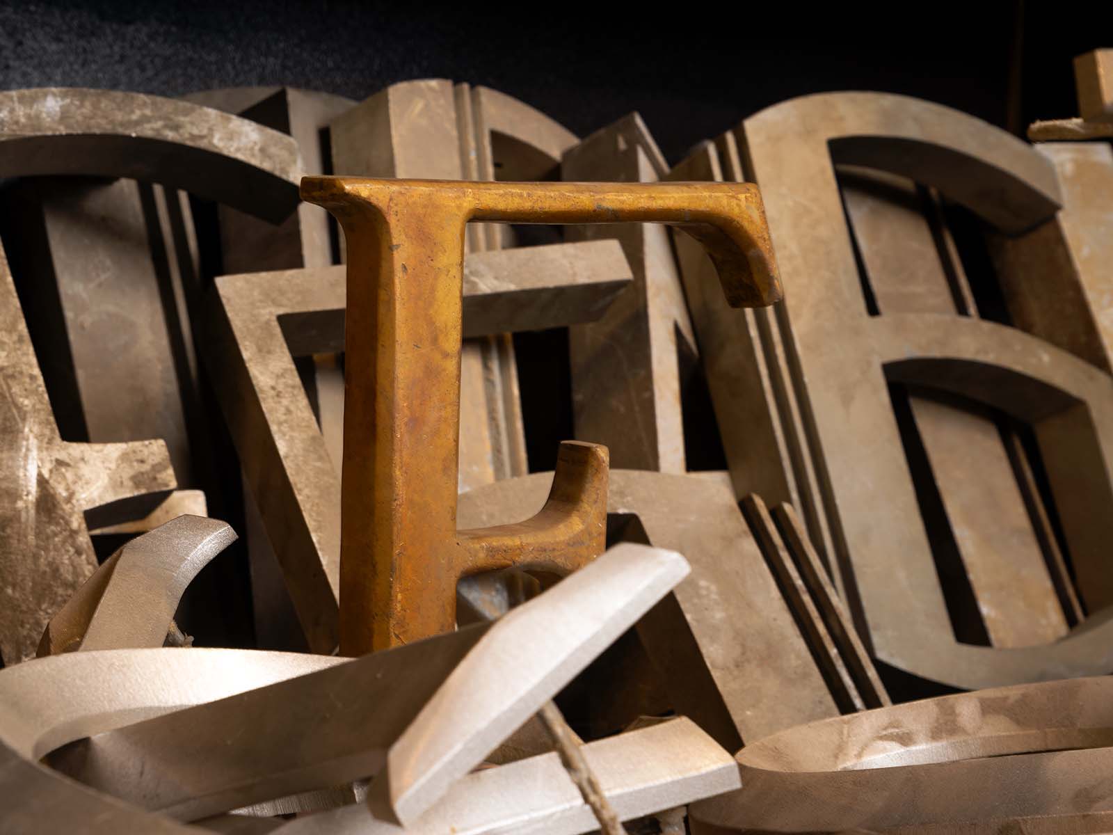Details of vintage signage lettering in the archive of Los Angeles' Union Station.