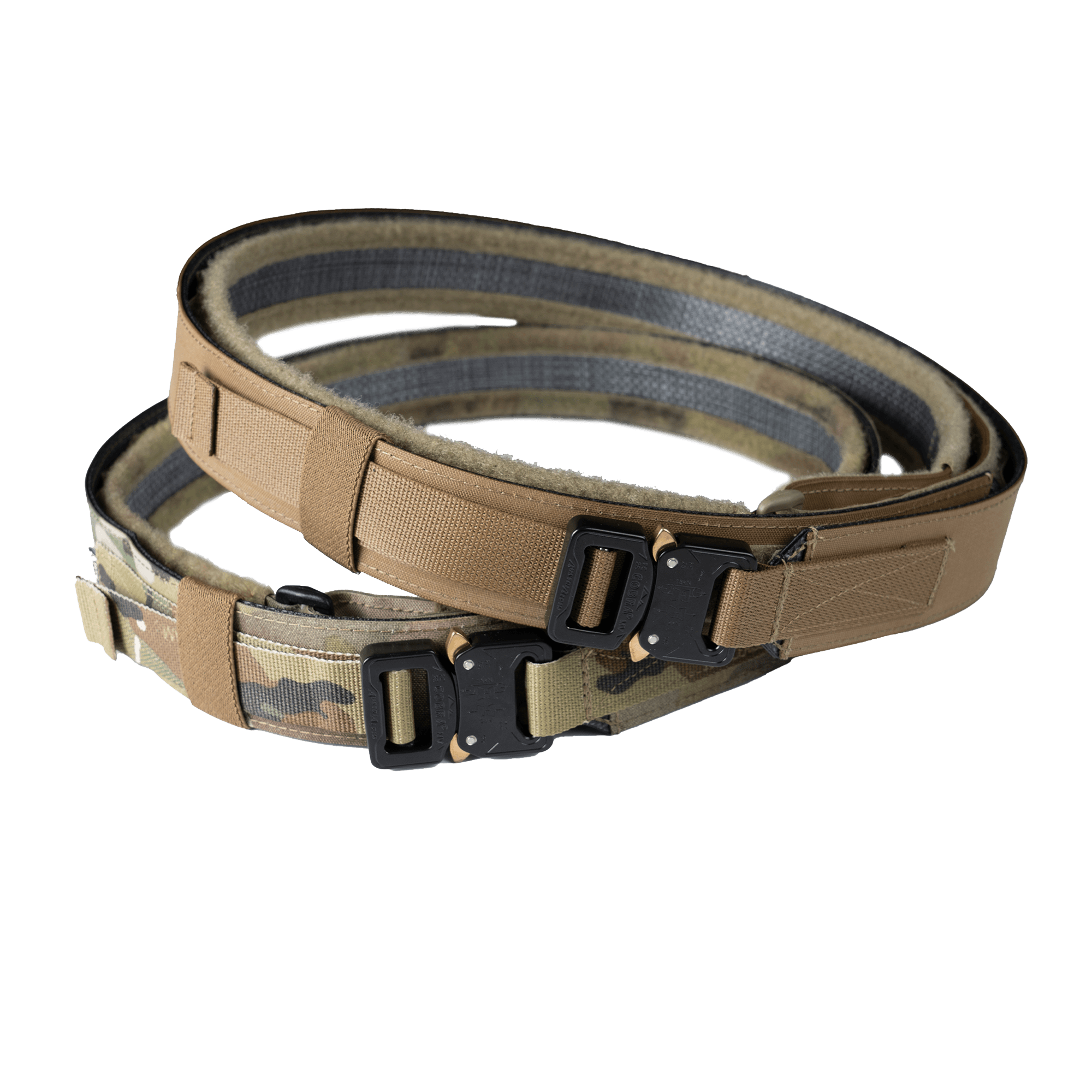 a front view of two utility belts in coyote brown and multicam