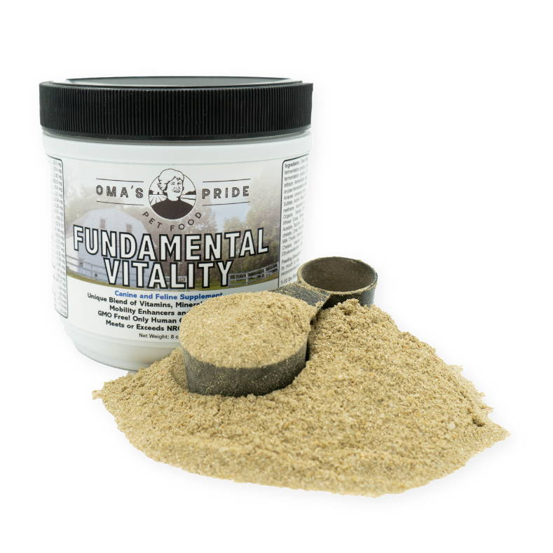 Oma's Pride product photo Fundamental Vitality dog and cat supplement with scoop and powder.