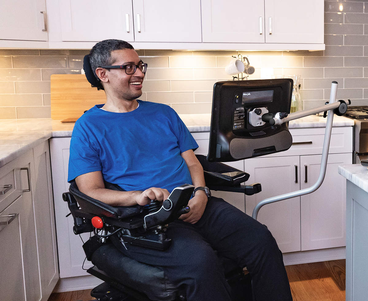 Wheelchair mount for a Tobii Dynavox speech generating device.