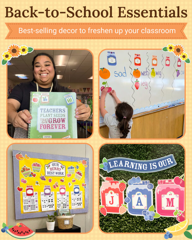 Back-to-school essentials for classroom decoration and organization.