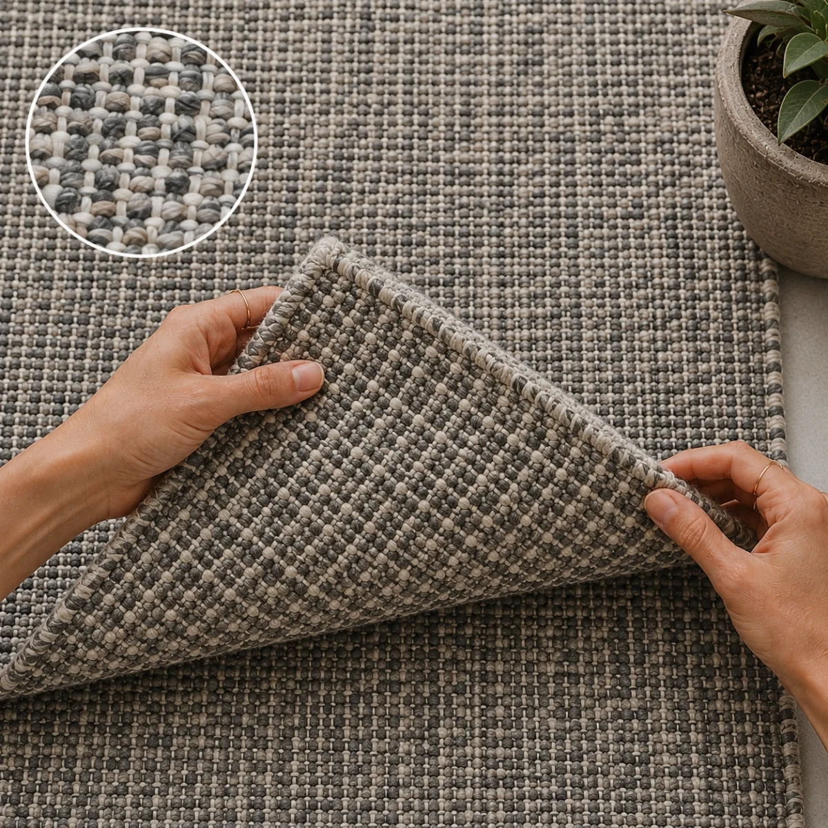 Close-up of a gray synthetic woven outdoor rug with durable basket weave construction.