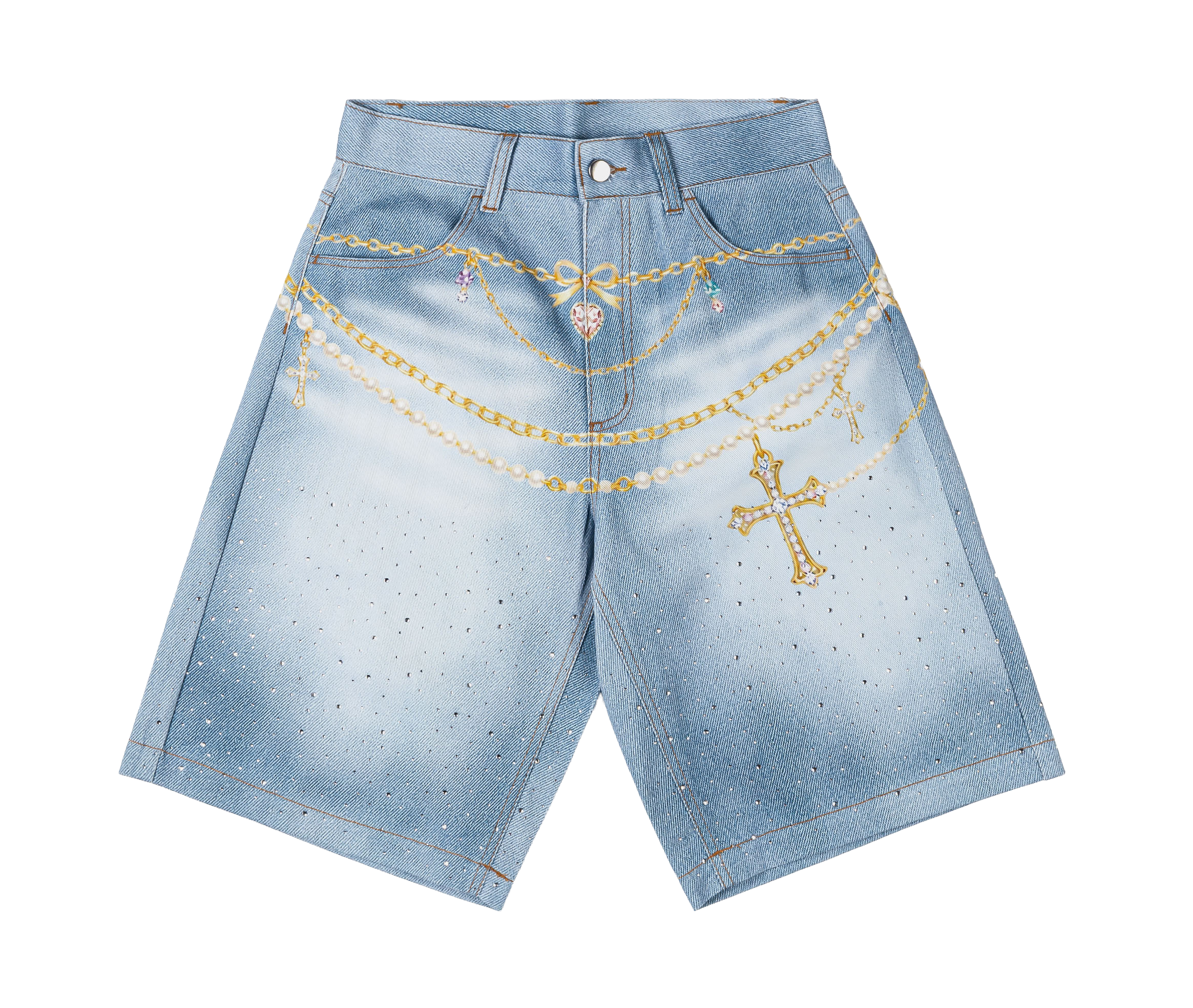 Denim shorts with decorative gold chains and cross embellishment.