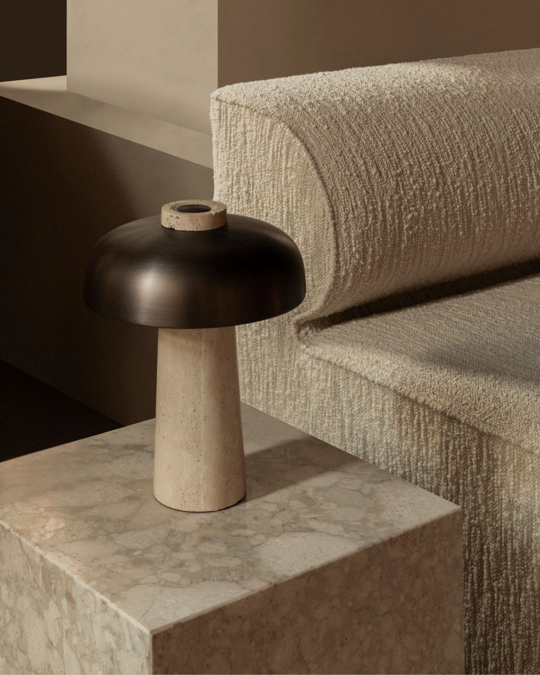 Curved Aluminium and Travertine Table Lamp | Reverse-Lighting Collective