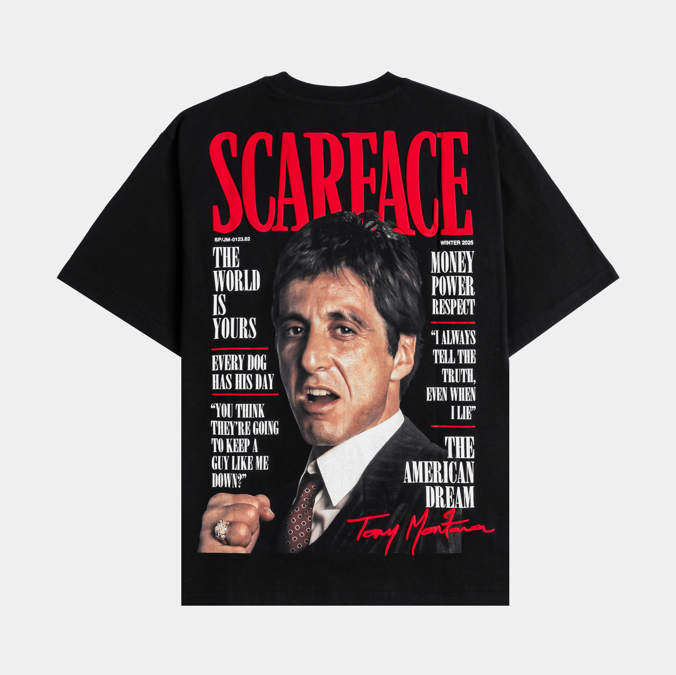 Black t-shirt with graphic design on the chest.