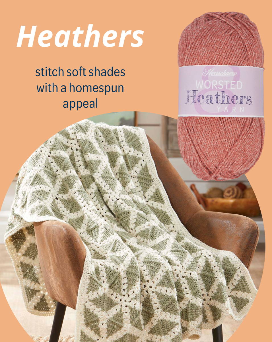 Herrschners Worsted Heathers Yarn Collection. Stitch soft shades with a homespun appeal. 