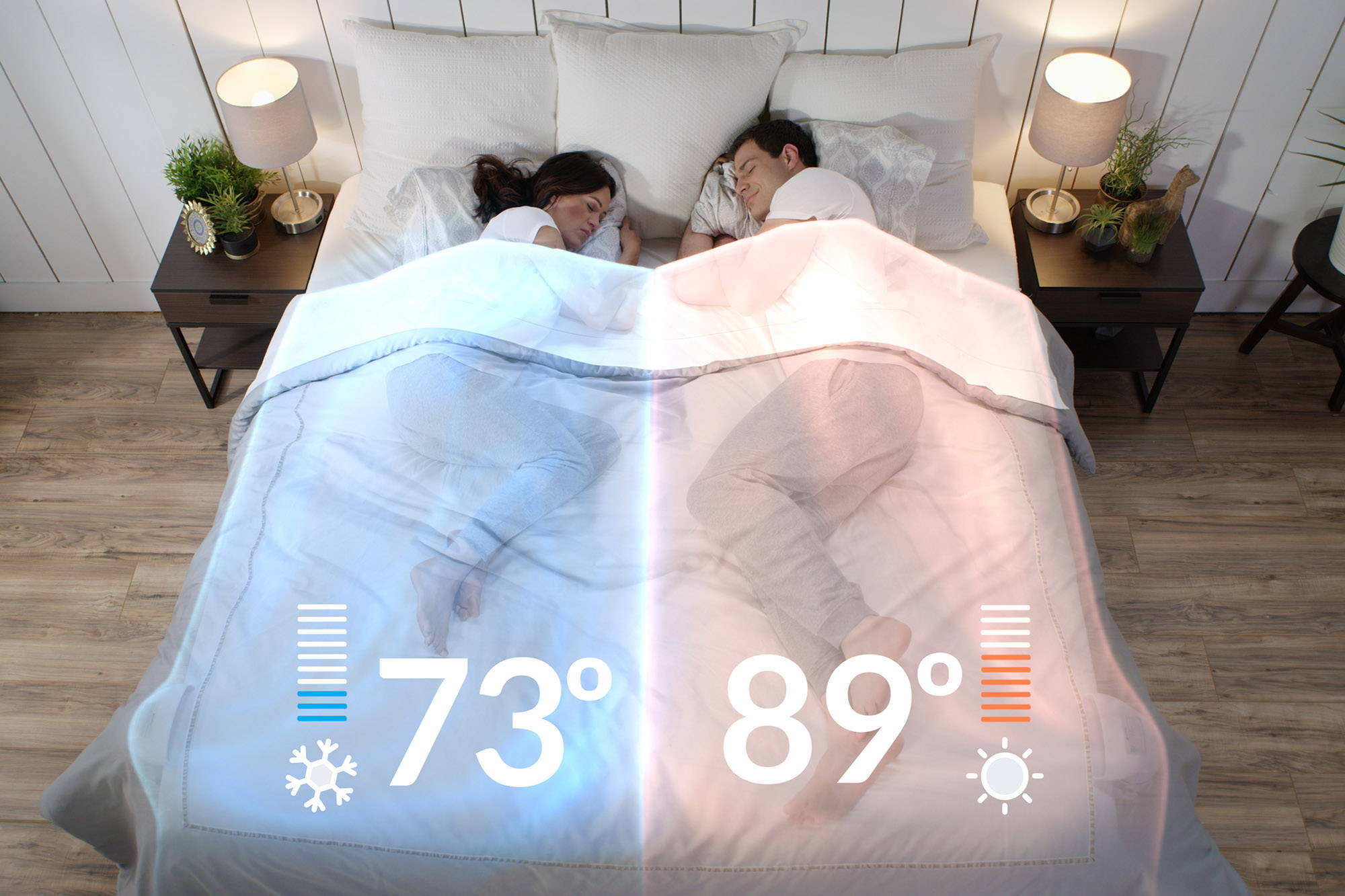 A couple sleeping in bed, the woman's BedJet has cooled her side to 73°F, the man's BedJet is set to warming at 89°F.