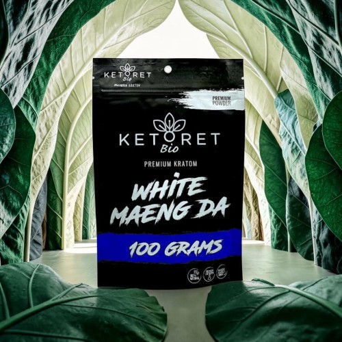Packaging of KETORET White Maeng Da, 100 grams, with leafy background.