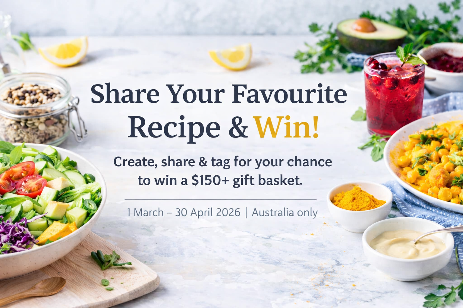 Promotional image for a recipe contest with various dishes and a gift basket prize.