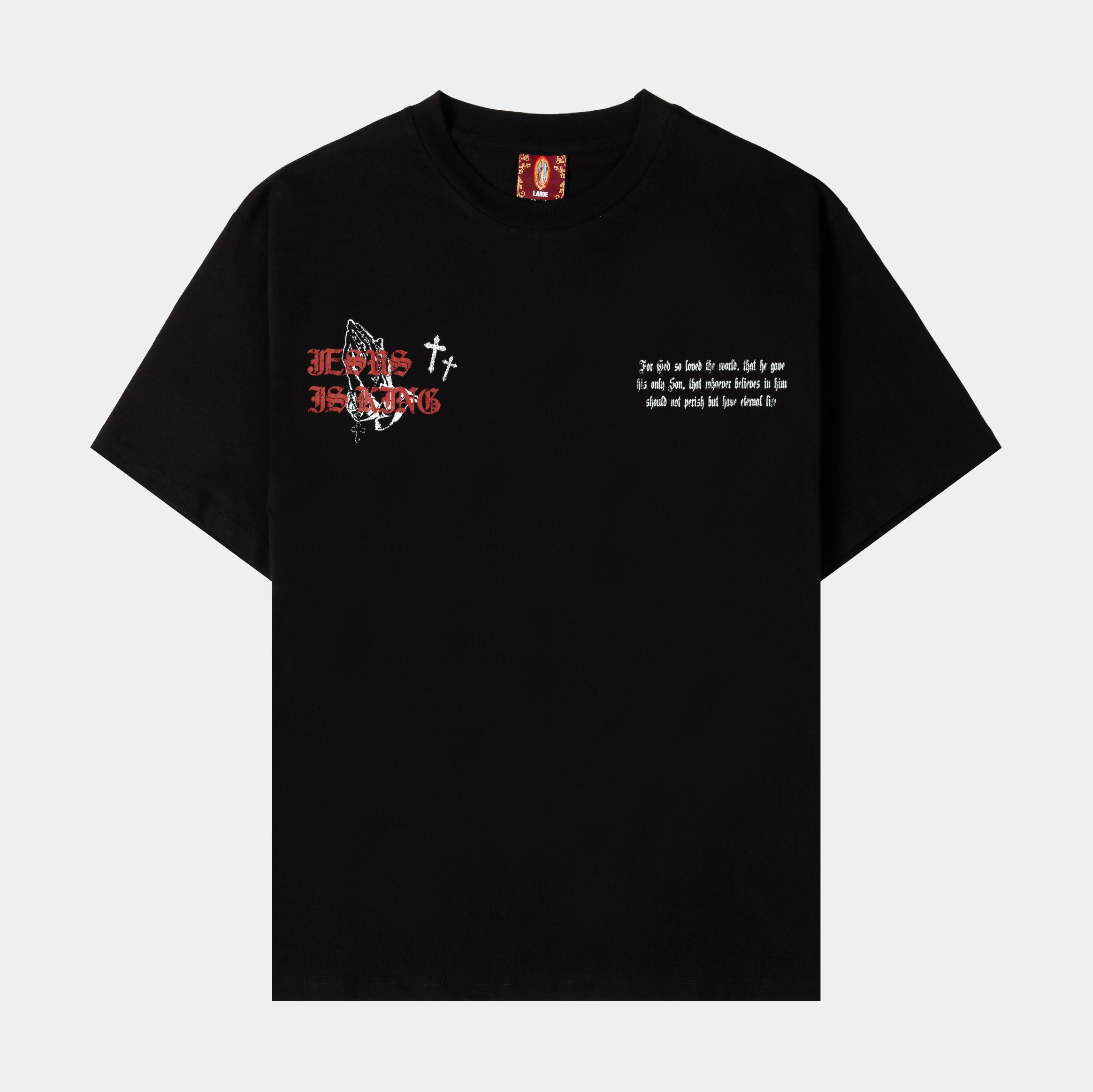 Black t-shirt with graphic design on the front and text.